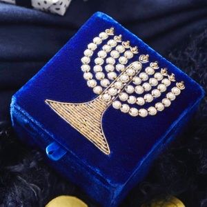 SUDHA PENNATHUR Blue Velvet Hanukkah Box with Hand-Beaded Menorah